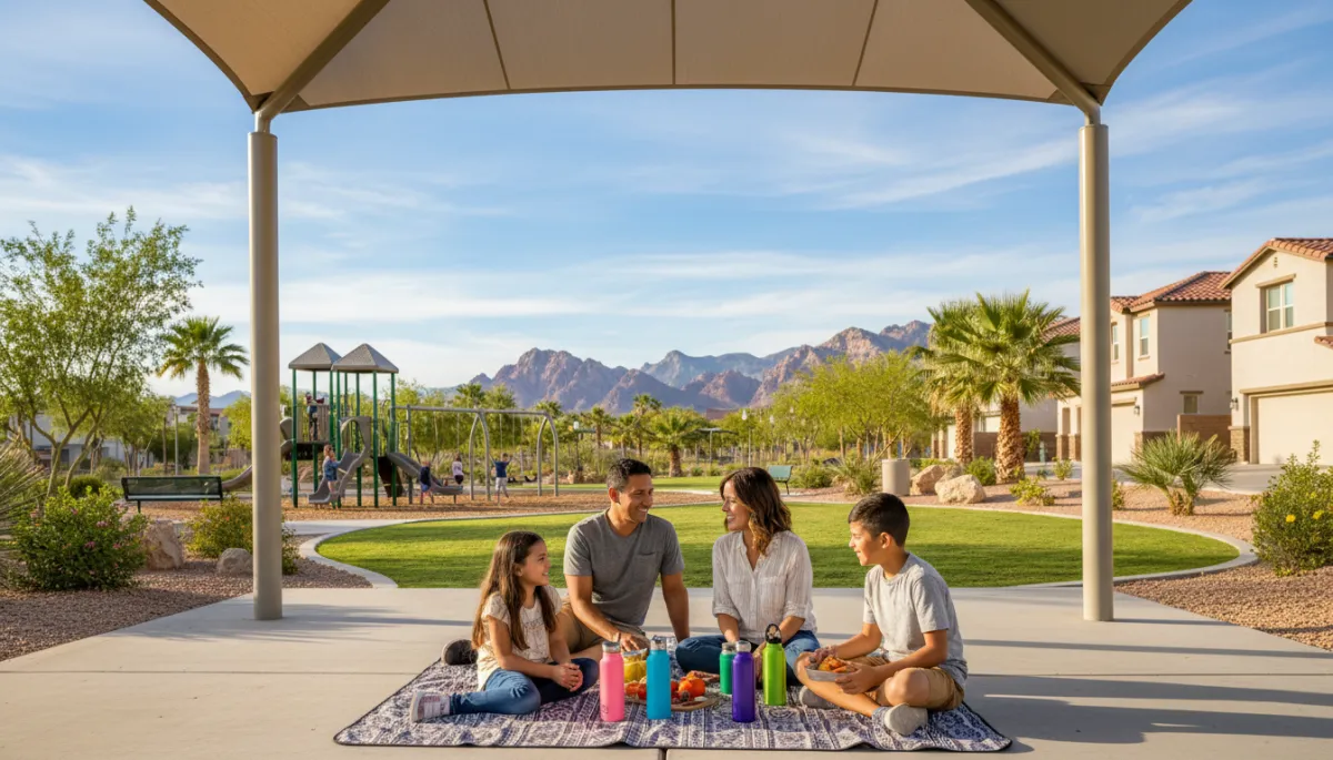 Parents and children outside a modern Las Vegas elementary school