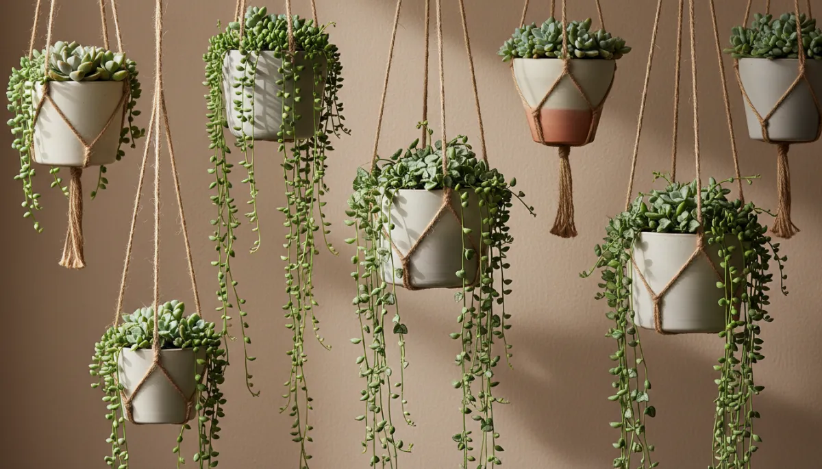 Close-up of different hanging succulents in neutral ceramic pots