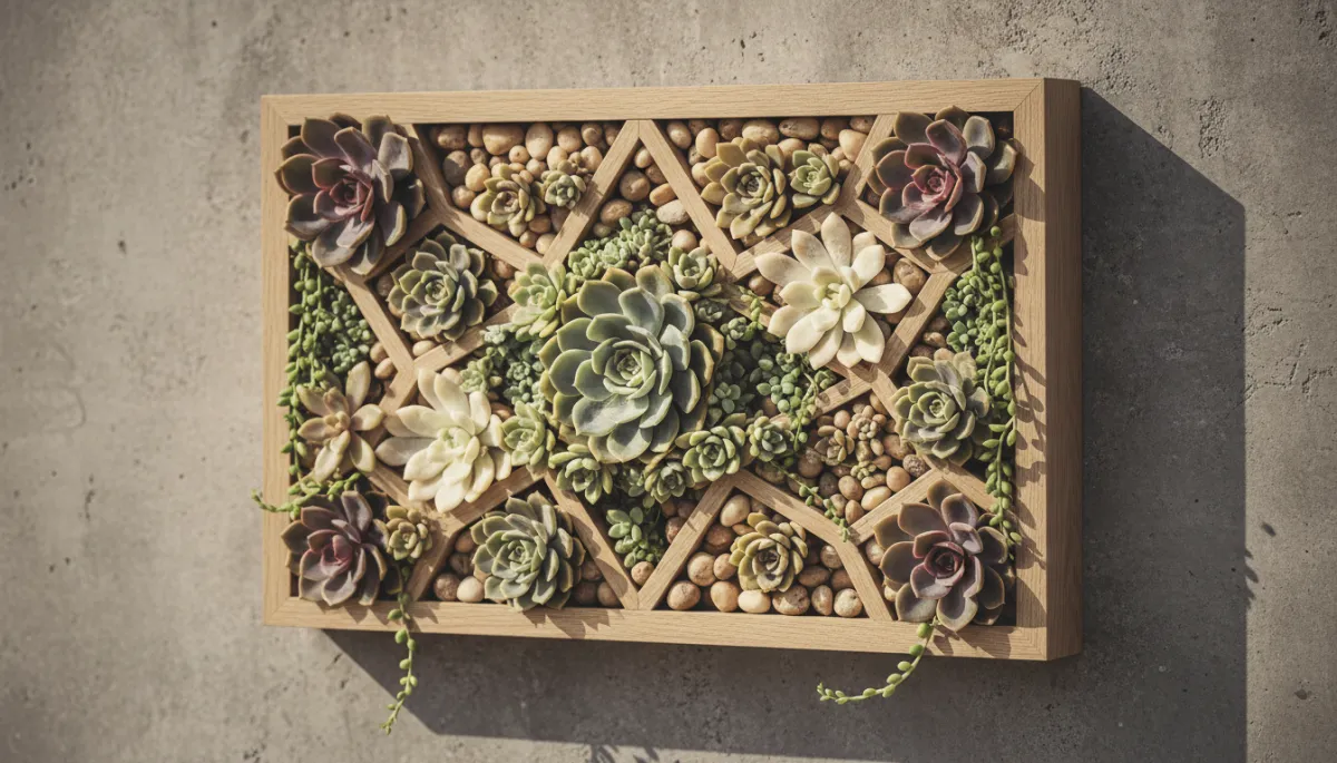 Close-up of a wooden frame succulent wall planter with mixed varieties