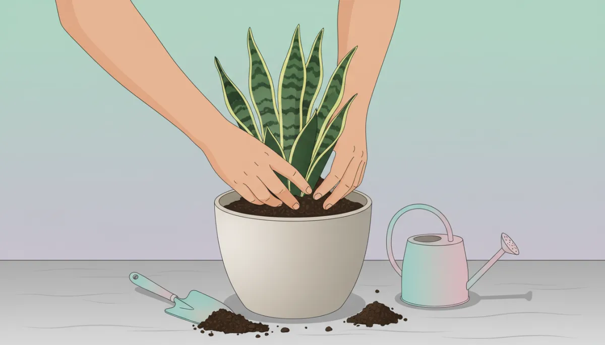 professional close-up of hands repotting a snake plant into a neutral ceramic pot with well-draining soil on a tidy table
