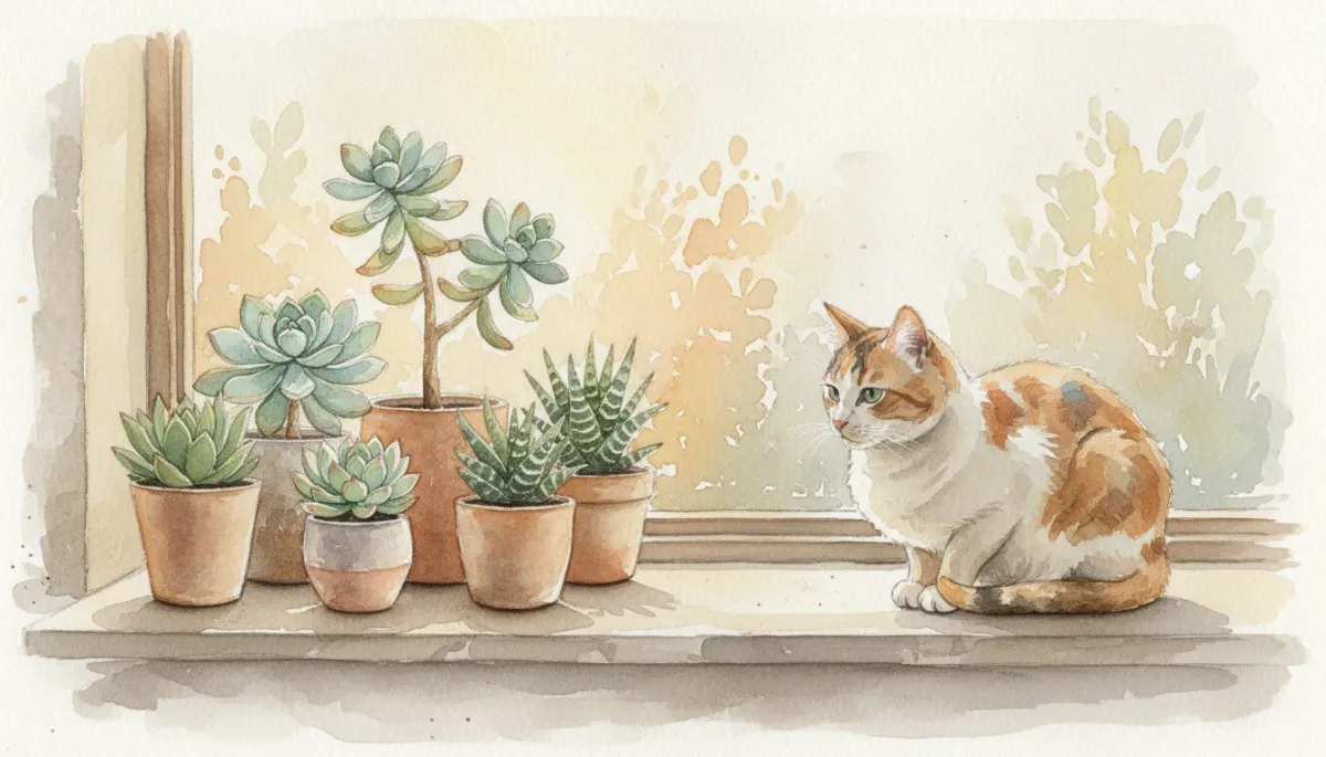 Collection of pet-safe succulents on a windowsill with a calm cat nearby Collection of pet-safe succulents on a windowsill with a calm cat nearby