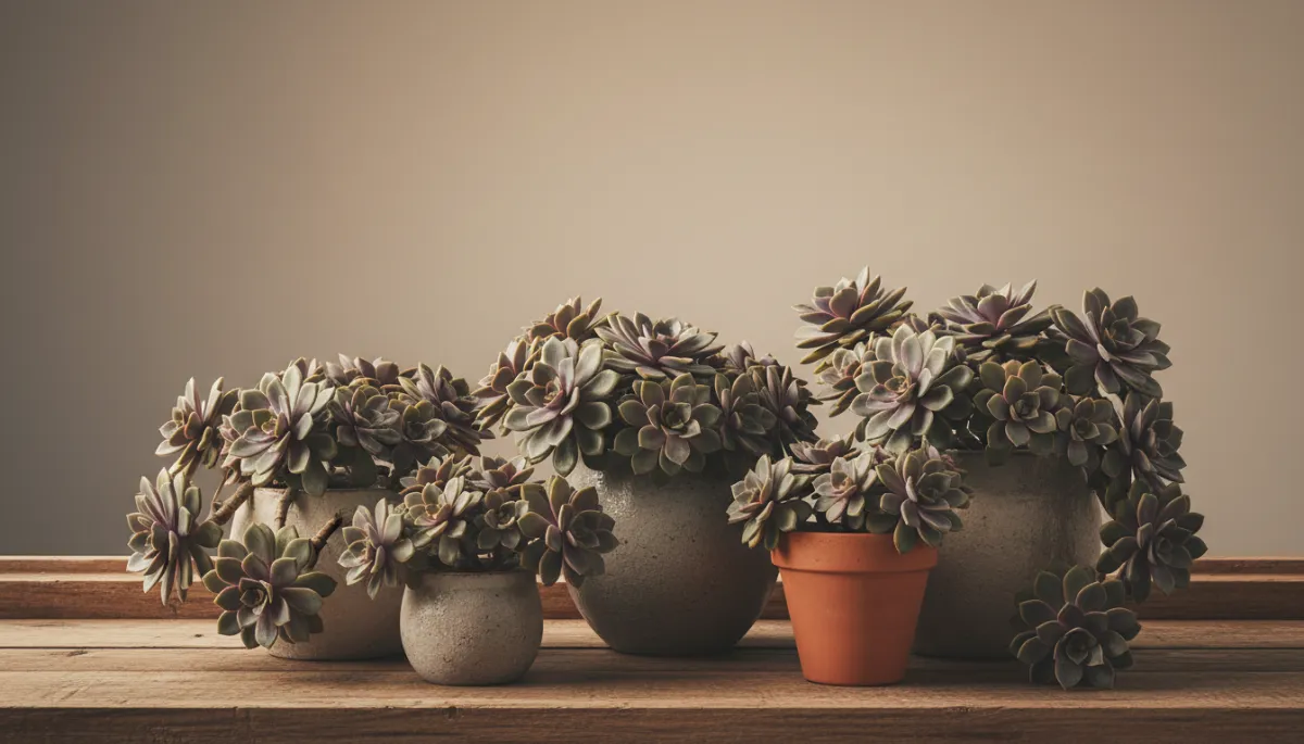 Arrangement of Echeveria deranosa succulents in neutral pots on a bright windowsill
