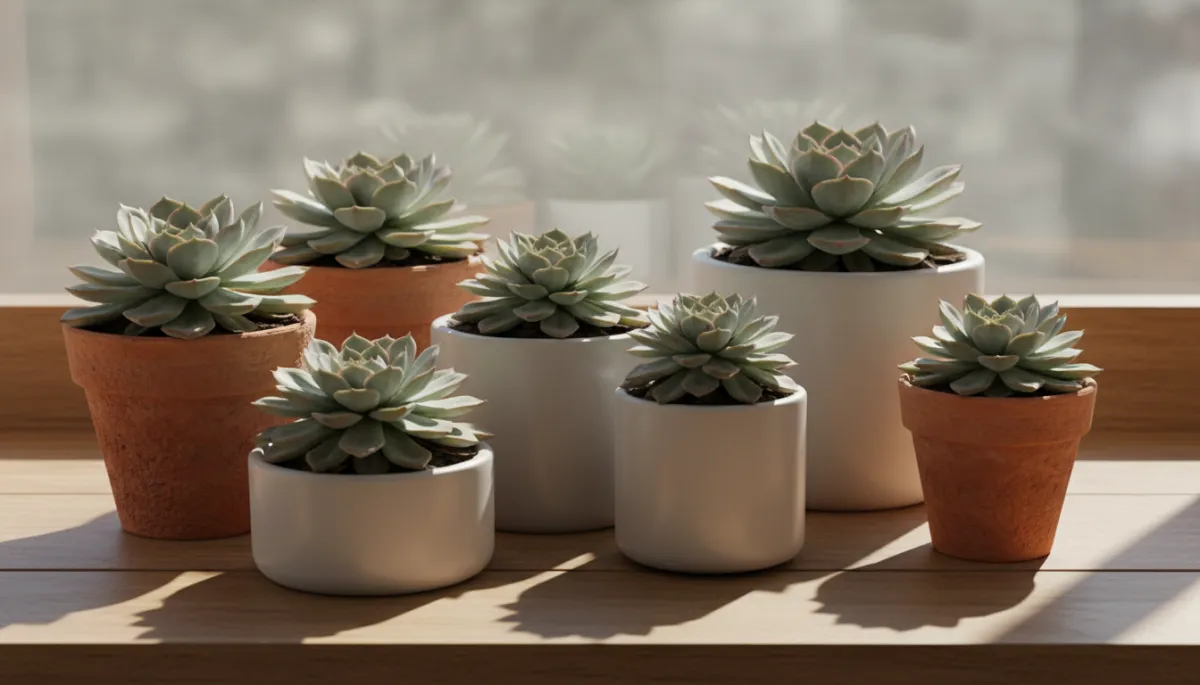 Professional neutral arrangement of Echeveria Hercules succulents in small pots on a windowsill