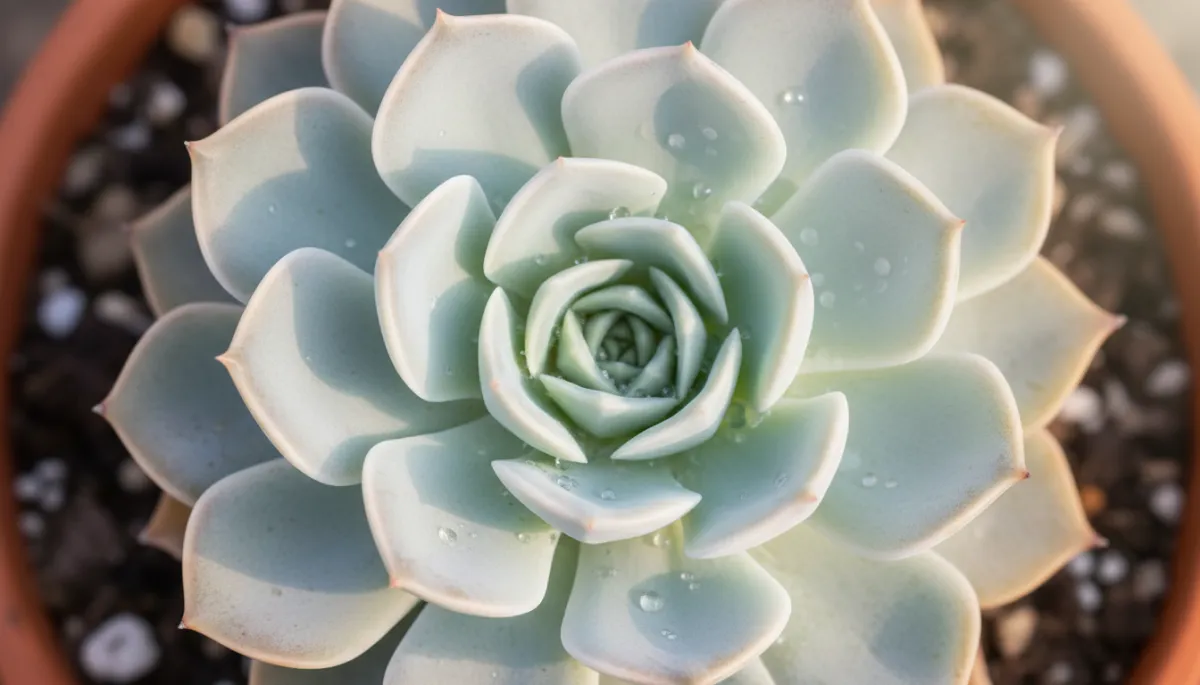 Hands carefully holding a potted Echeveria laui with powdery leaves