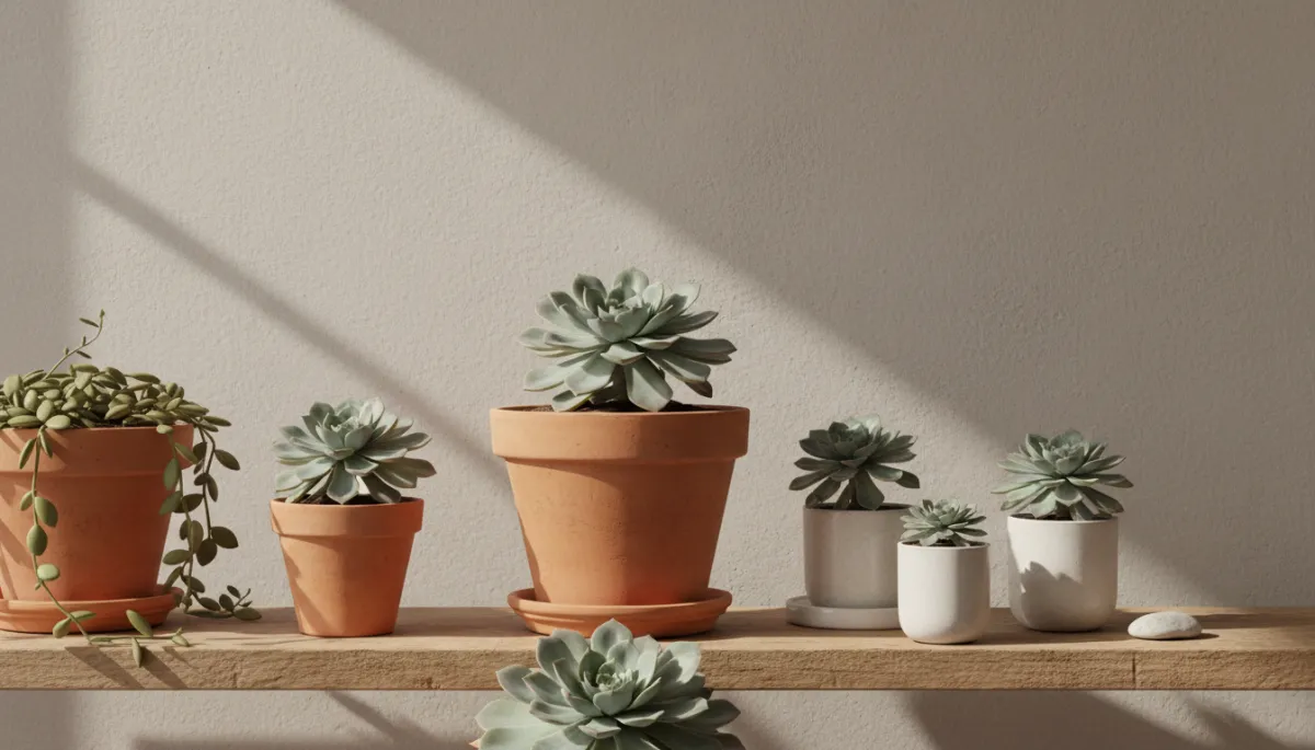 Several potted Echeveria Pollux succulents arranged on a neutral wooden shelf