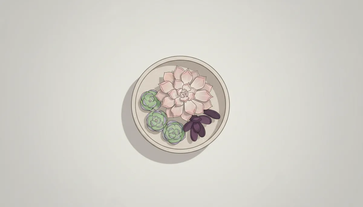 Echeveria shaviana styled with other succulents in a neutral ceramic bowl
