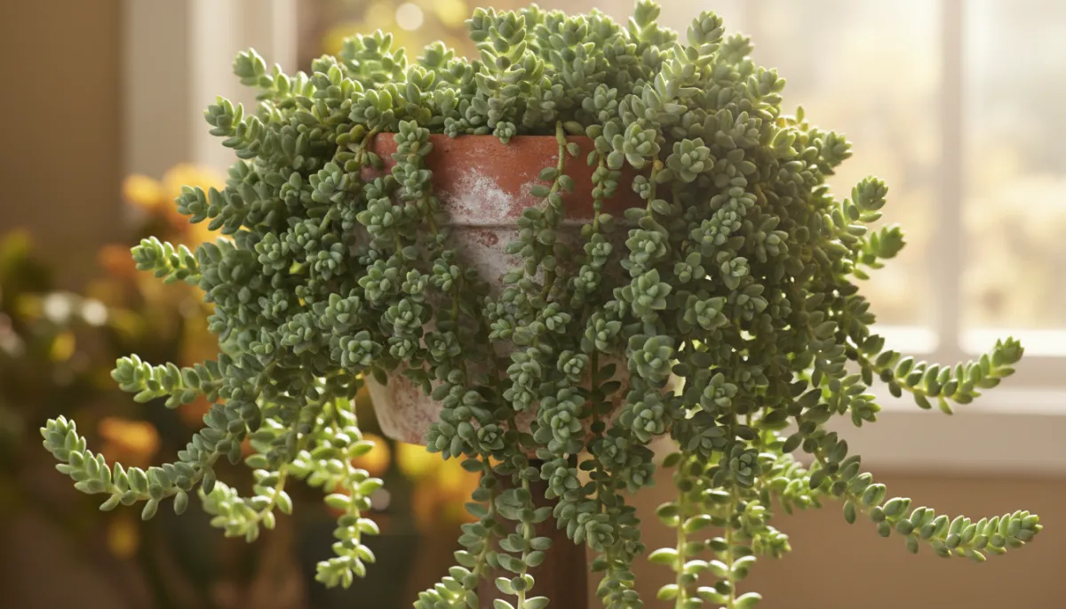 professional, neutral-toned scene of a burro’s tail succulent in a terracotta pot on a wooden shelf, surrounded by a few other small succulents, soft natural daylight, minimal decor