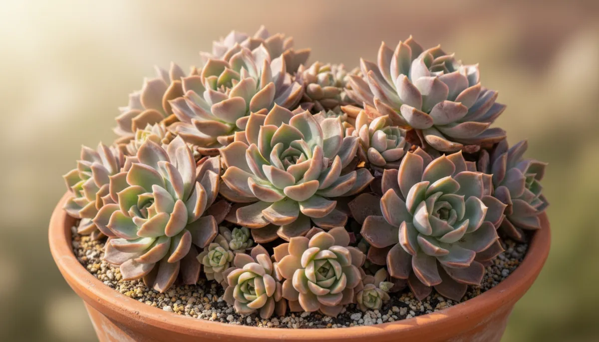 Echeveria in a terracotta pot with succulent soil and tools nearby