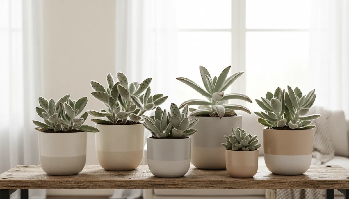Different panda plant varieties grouped in neutral pots on a shelf