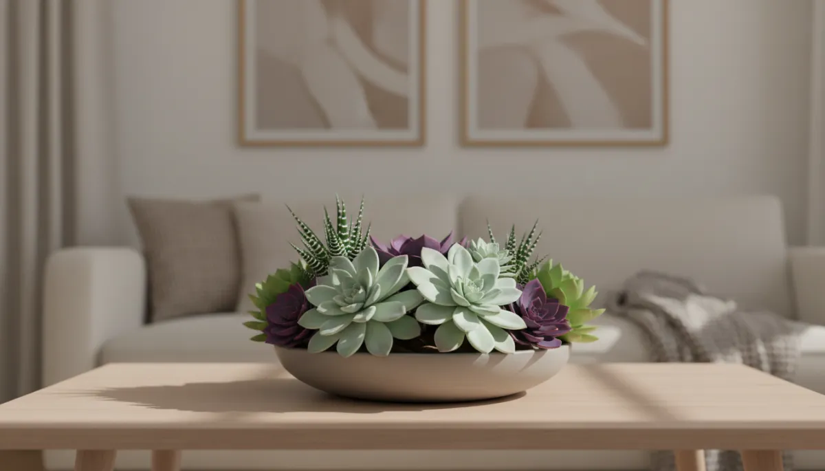 professional, neutral-toned arrangement of Echeveria Arctic Ice grouped with purple and green succulents in a shallow ceramic bowl on a wooden coffee table, soft natural light, cozy living room background