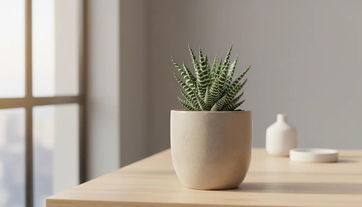 A real, high-quality photo of a healthy Zebra Haworthia plant in a neutral-toned ceramic pot on a light wooden table near a window, with soft natural indoor lighting and minimal decor.