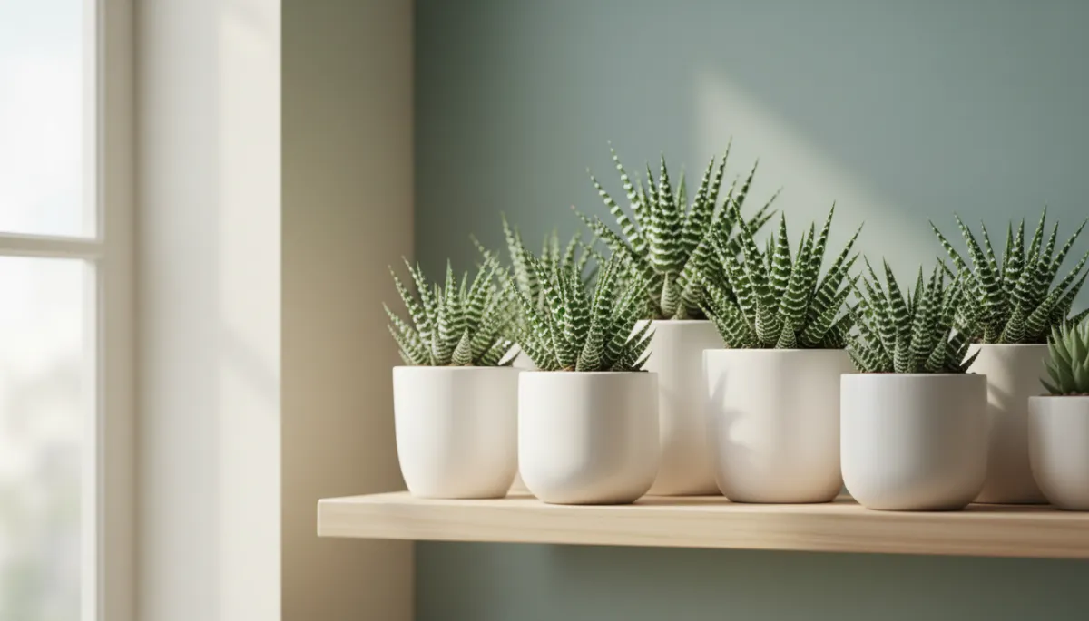A real, well-lit photo of a group of Zebra Haworthia succulents arranged on a bright indoor shelf.