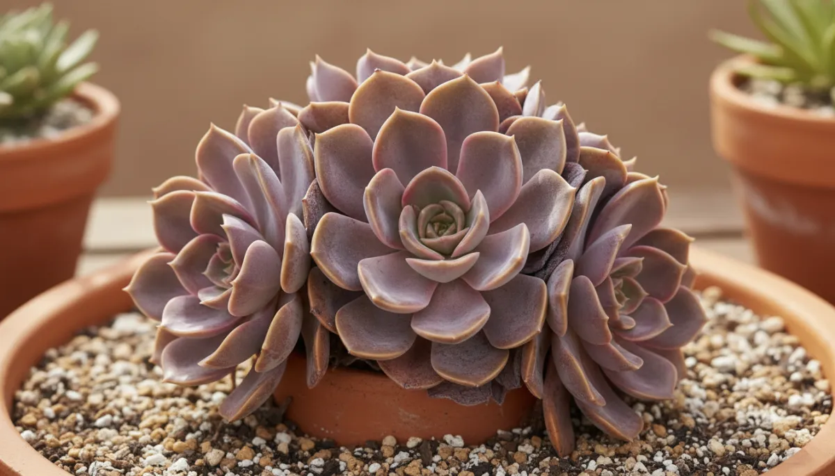 Several Echeveria Dusty Rose succulents arranged on a bright wooden shelf Several Echeveria Dusty Rose succulents arranged on a bright wooden shelf