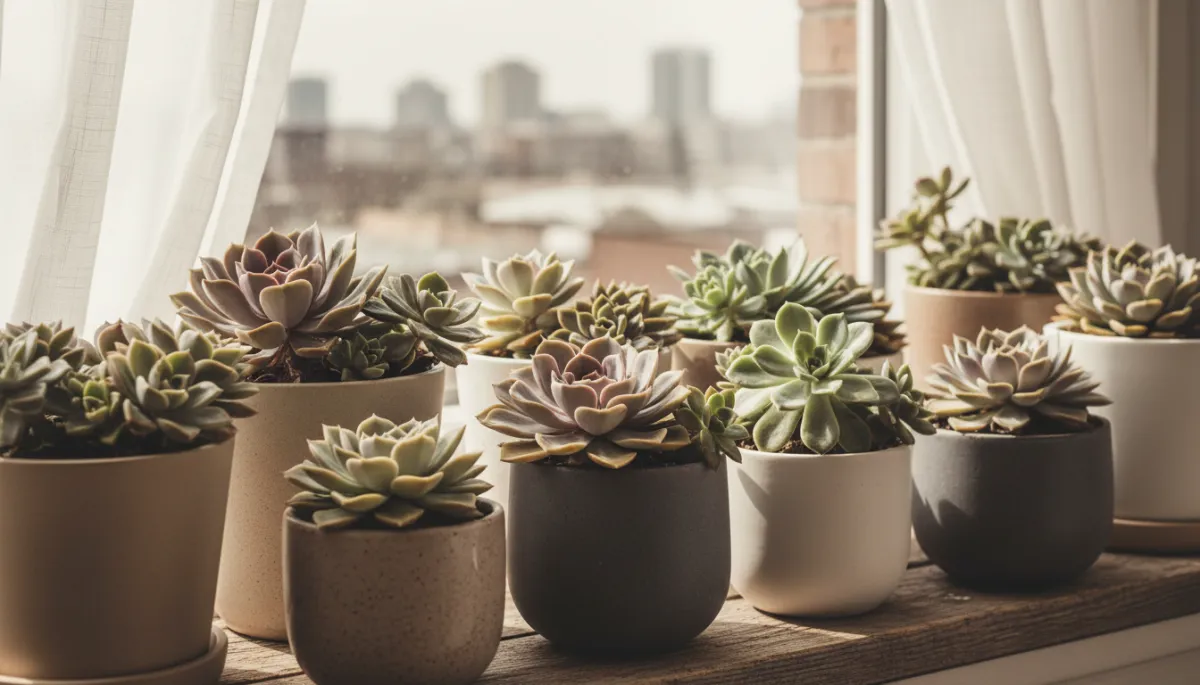 Close-up of assorted succulents in neutral ceramic pots on a windowsill