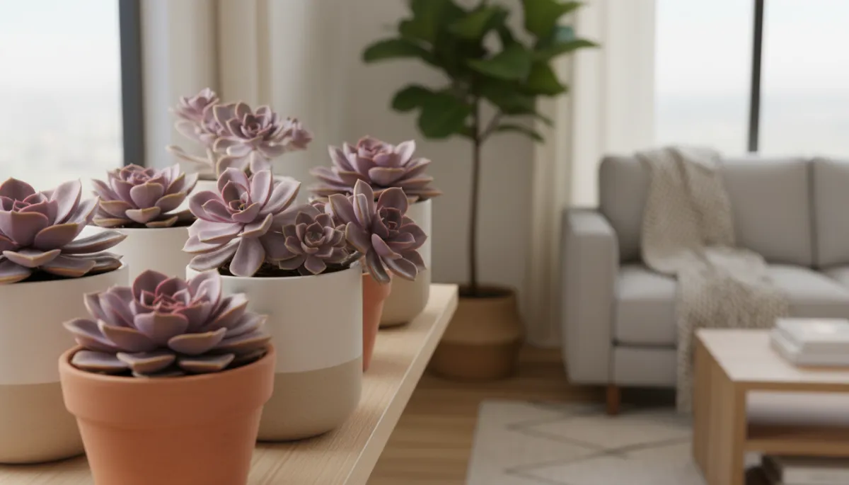 Purple succulents in neutral pots styled on a wooden shelf in a modern living room