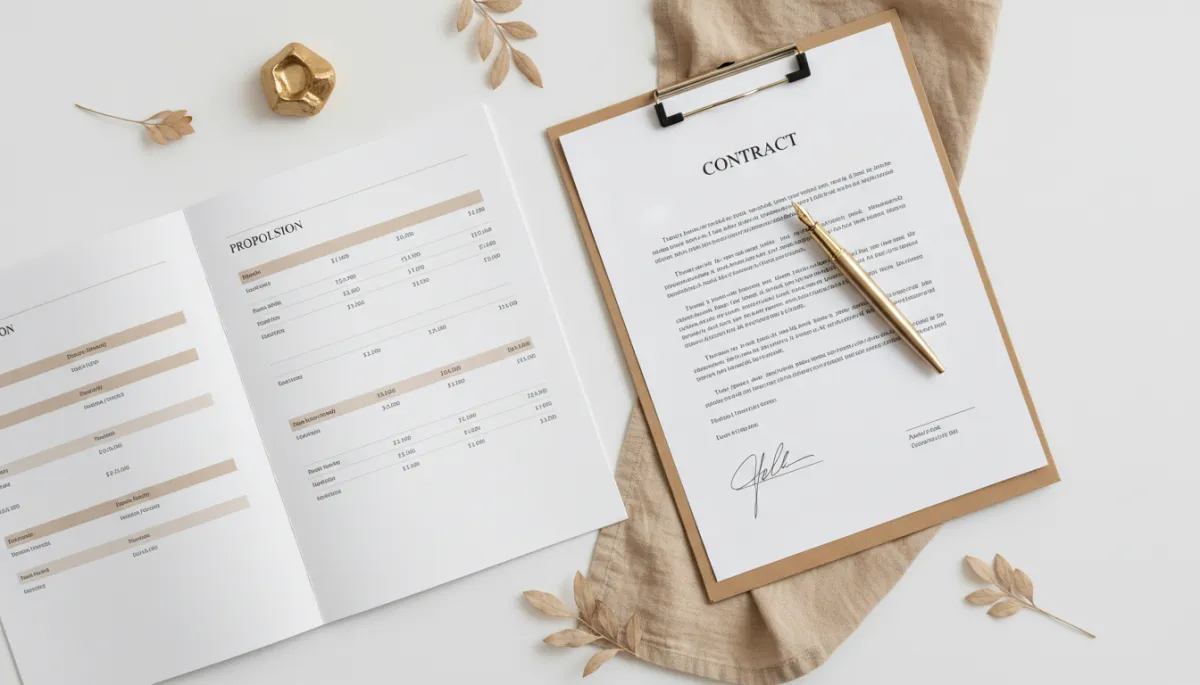 Signed copywriting proposal and contract laid out on a warm neutral desk Signed copywriting proposal and contract laid out on a warm neutral desk