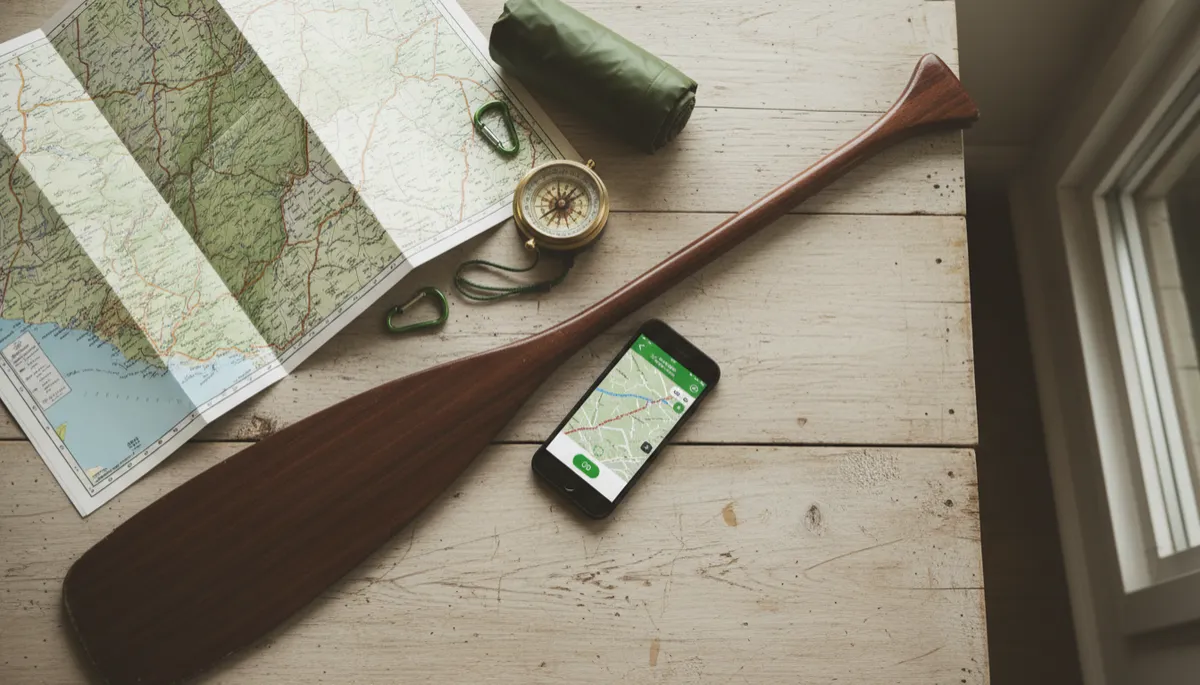 Outdoor trip planning gear including map, compass, and smartphone app on a wooden table