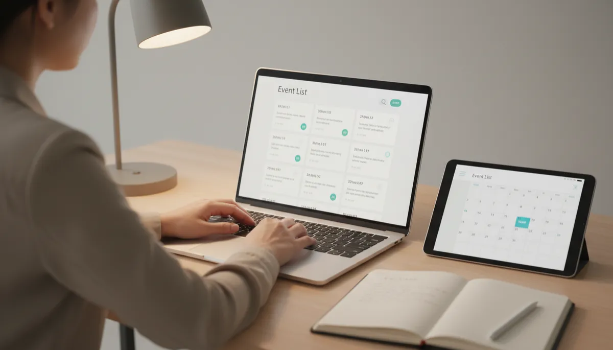 Person browsing a professional event list with RSVP options on a laptop Person browsing a professional event list with RSVP options on a laptop