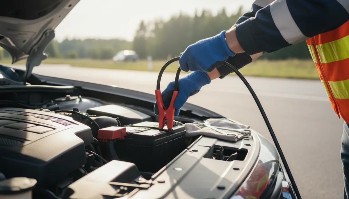 Professional roadside technician connecting jumper cables to a car battery