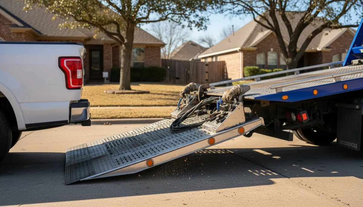 Tow operator lowering a flatbed ramp behind a pickup on a DFW street