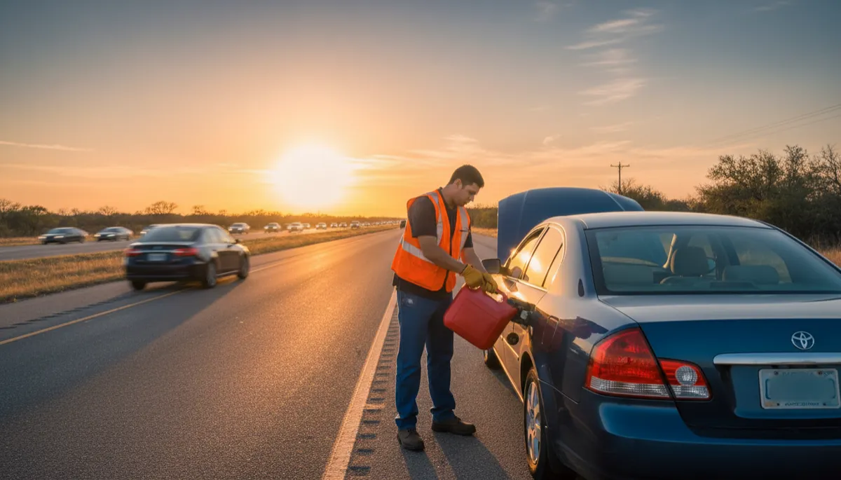 Roadside technician pouring fuel into a stranded vehicle's gas tank on a Texas road shoulder