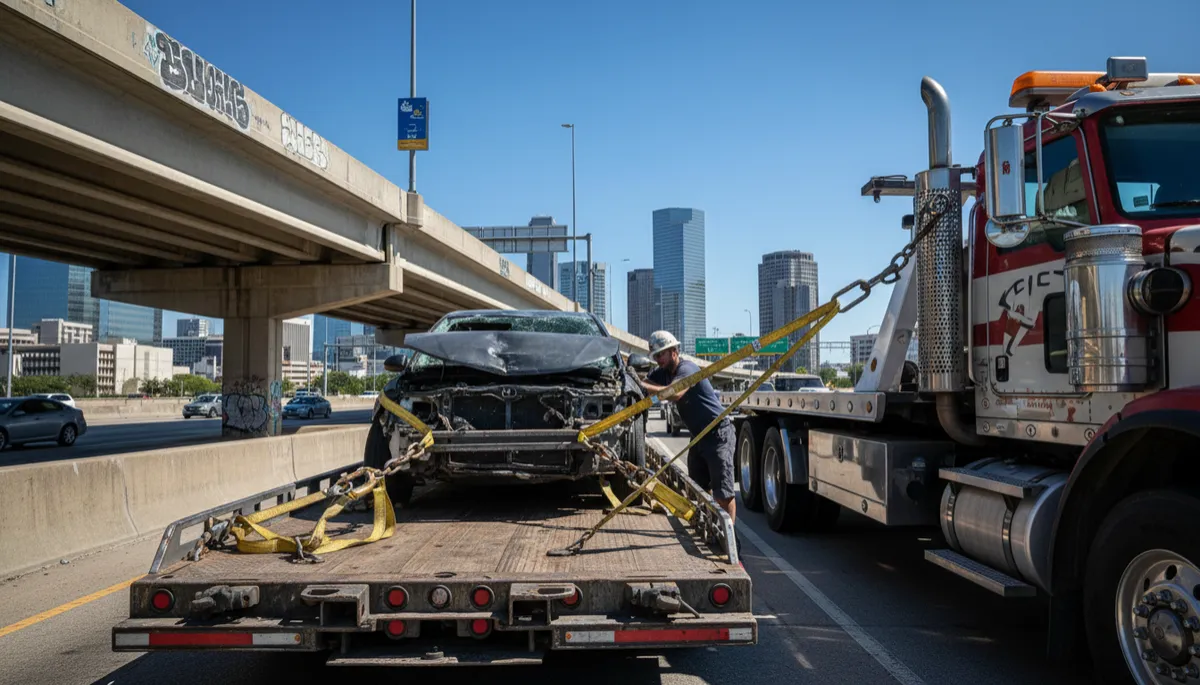 Flatbed tow truck securing a salvage vehicle in DFW