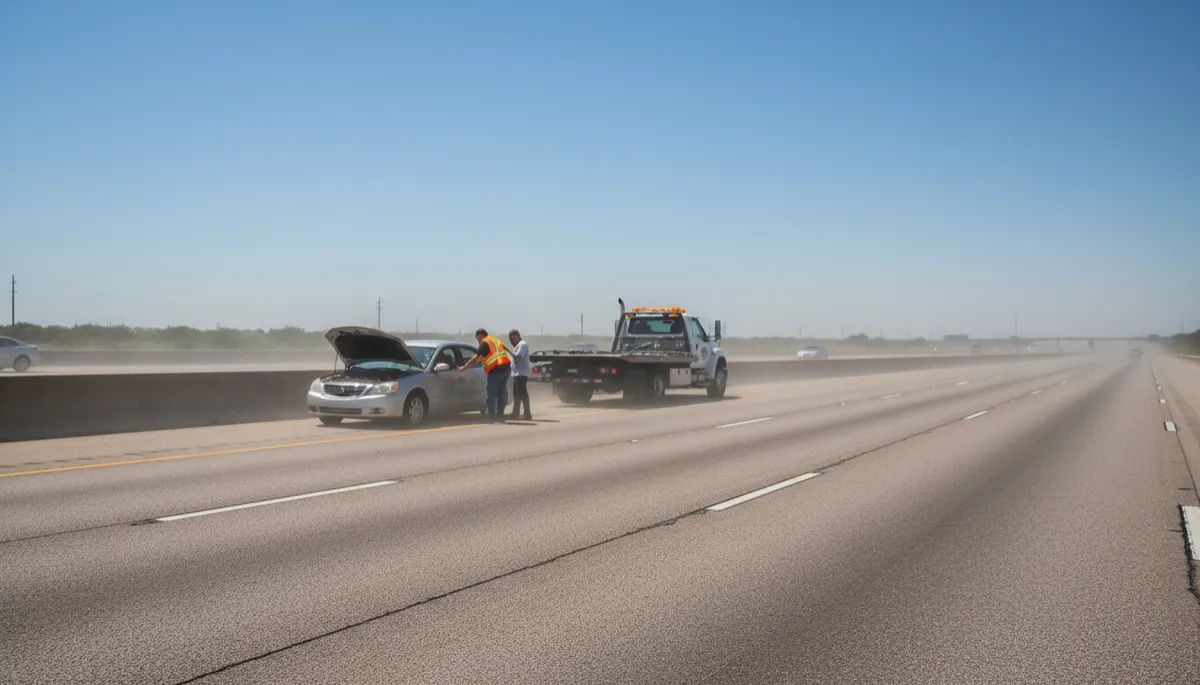 Tow truck driver helping a stranded motorist on a hot DFW highway shoulder