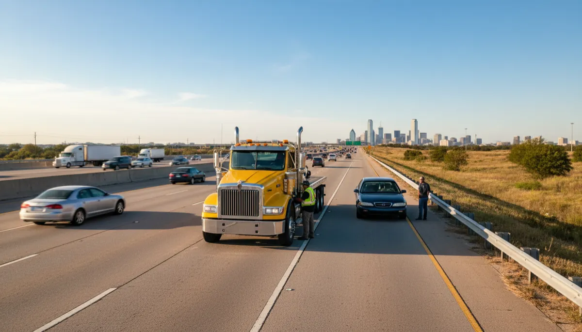Flatbed tow truck assisting a stranded car on a busy DFW highway shoulder
