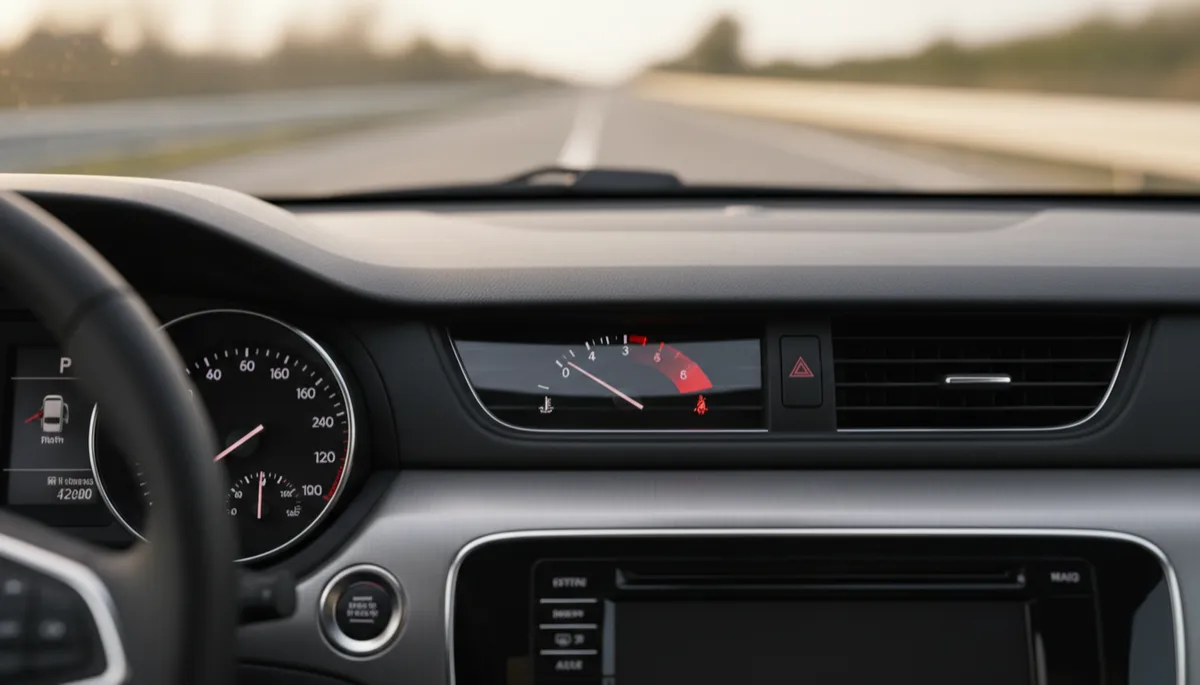 Car dashboard temperature gauge with needle in the red zone indicating engine overheating