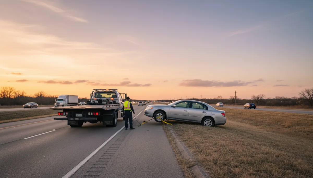Flatbed tow truck assisting a disabled car on a Texas highway at golden hour