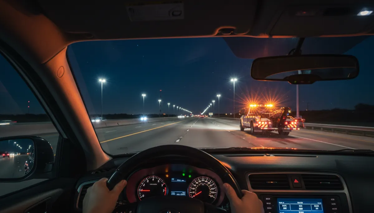 Driver's perspective approaching a tow truck with flashing amber lights on the highway shoulder at night