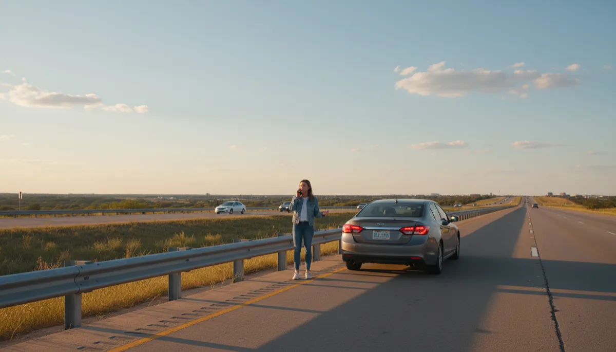 Driver safely calling for help from the shoulder of a DFW toll road