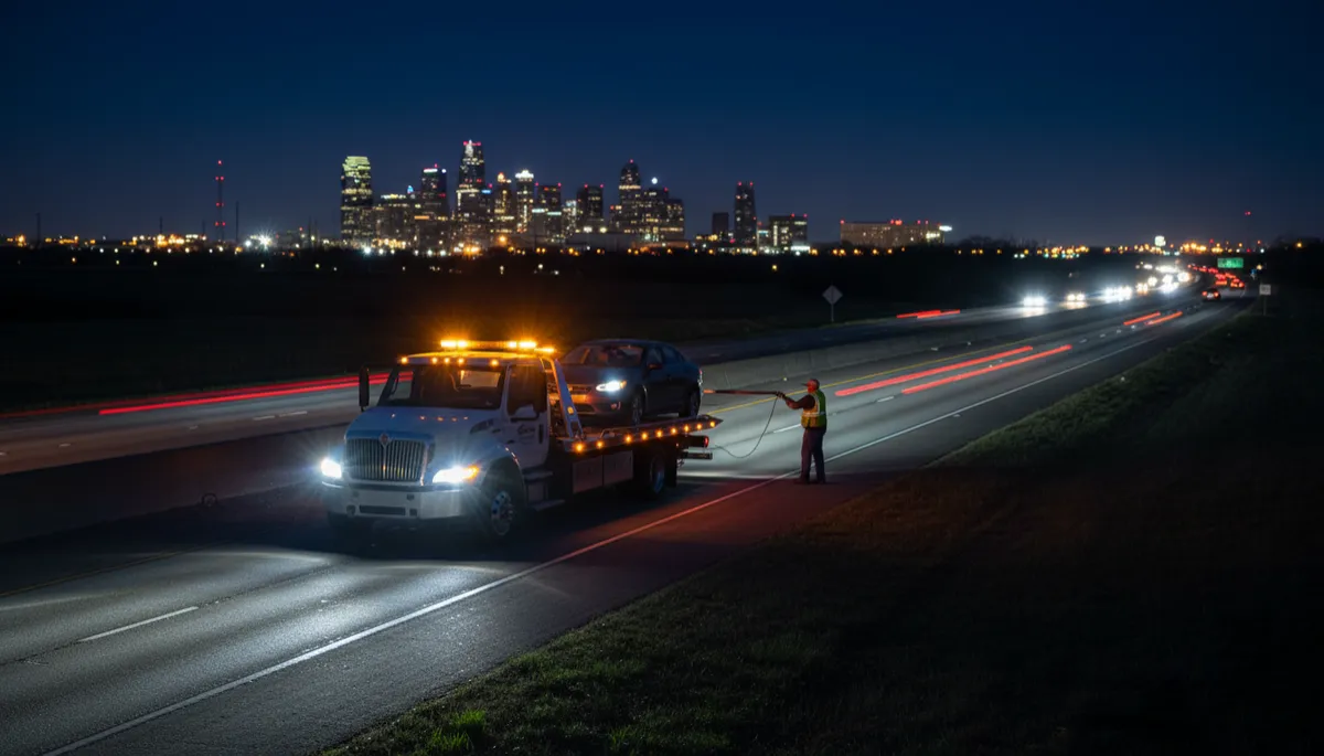 Flatbed tow truck assisting a stranded car on a DFW highway at night