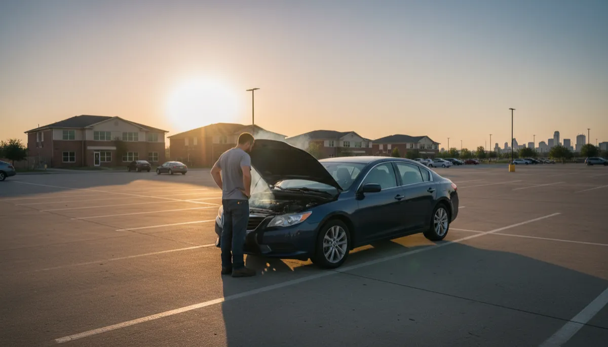 photorealistic stranded driver standing beside a car with the hood open in a DFW parking lot, late afternoon Texas sun, neutral color palette, suburban buildings and a few parked cars in the background, realistic and relatable