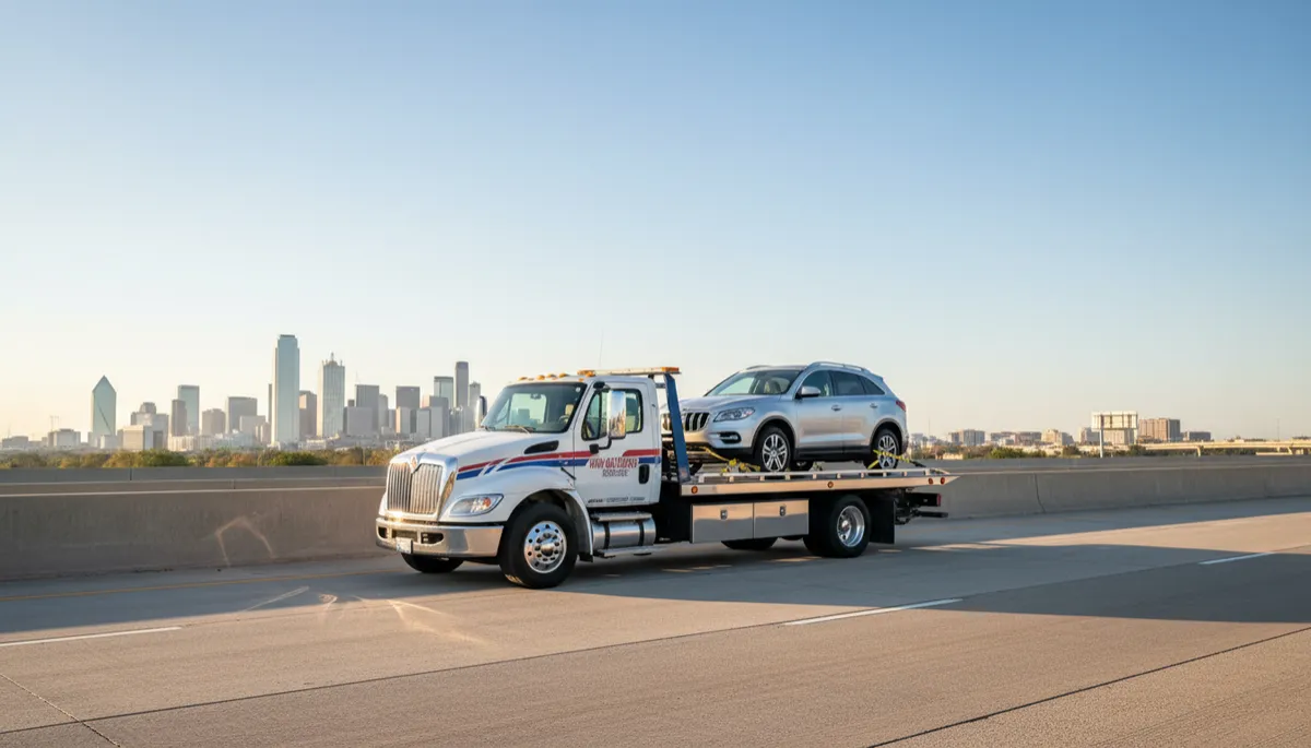 A modern flatbed tow truck with a silver AWD crossover SUV safely loaded on the bed, parked on a wide Texas highway under a clear blue sky with a light urban DFW skyline in the far background, golden midday sun, warm Texas daylight, clean commercial photography style, ultra-realistic photorealistic look