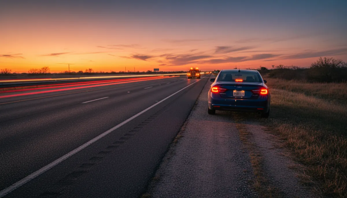 photorealistic scene of a sedan with hazard lights on pulled onto the right shoulder of a busy Texas highway at dusk, warm orange-blue sky, traffic flowing in adjacent lanes, a roadside assistance tow truck with flashing amber lights approaching in the background, cinematic lighting, warm color palette