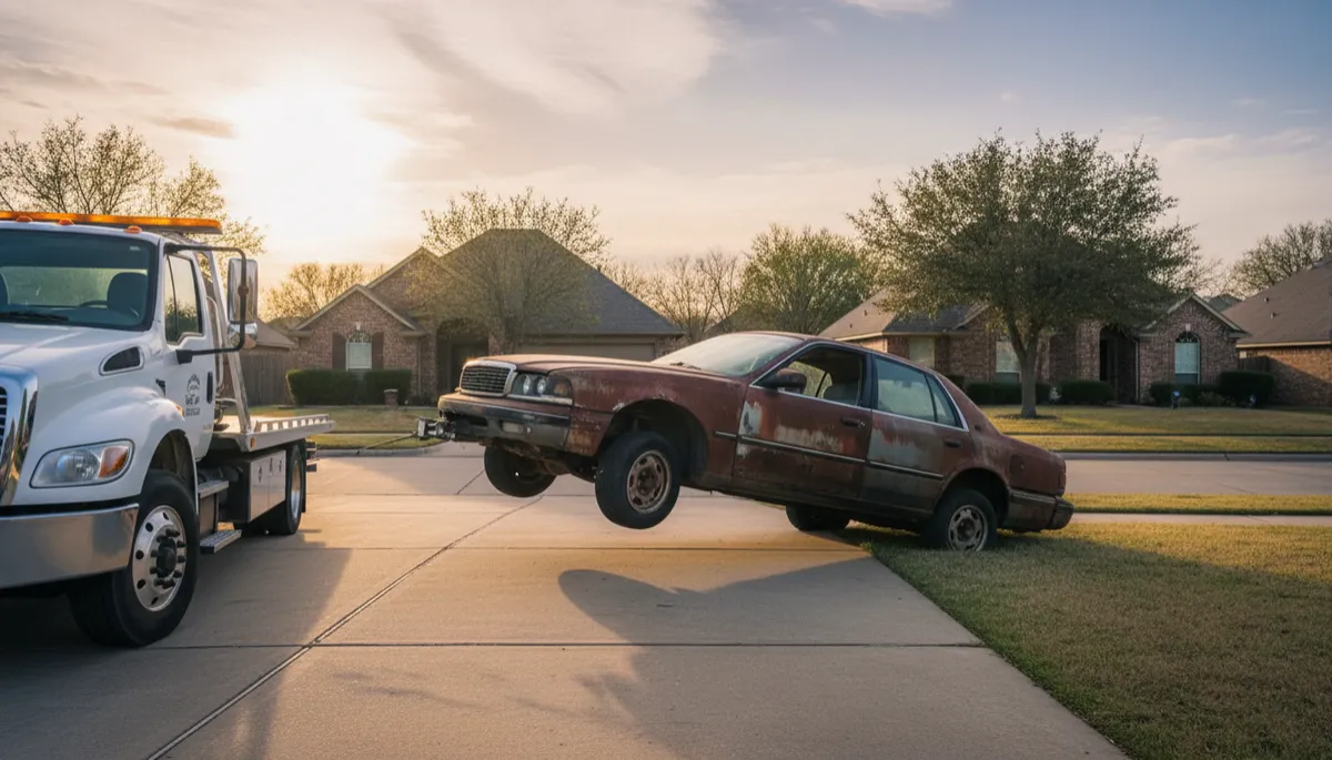 photorealistic scene of a weathered, non-running junk car with dents, rust, and flat tires being winched onto a modern flatbed tow truck in a suburban Texas driveway at golden hour, neutral color palette, quiet Arlington neighborhood homes in the background