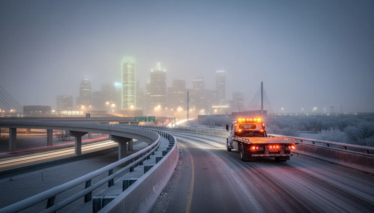 photorealistic flatbed tow truck on an icy Dallas Fort Worth overpass at night, hazard lights flashing, distant DFW skyline glowing through freezing fog, cinematic neutral color palette, ultra-realistic detail