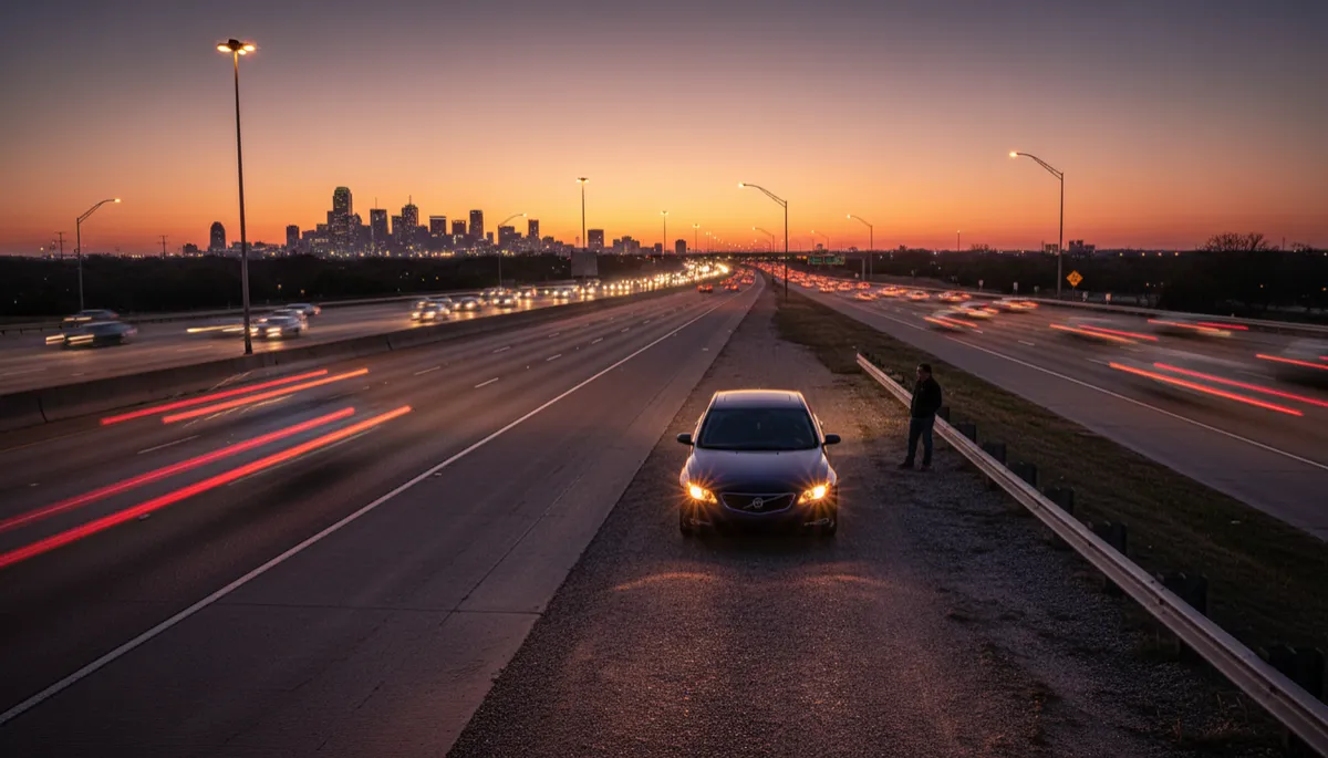 photorealistic scene of a sedan pulled safely onto the shoulder of a busy Texas highway at dusk, hazard lights flashing, driver standing well away from traffic near a guardrail, warm headlights and taillights glowing, Dallas-Fort Worth skyline faint in the distance, nighttime highway lighting