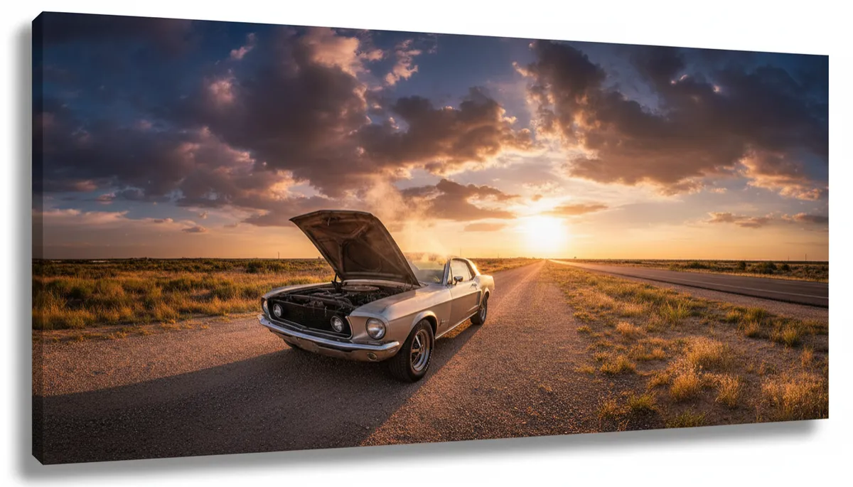 Car pulled over on a sun-baked Texas highway with hood open and faint steam rising from the engine bay, golden-hour light