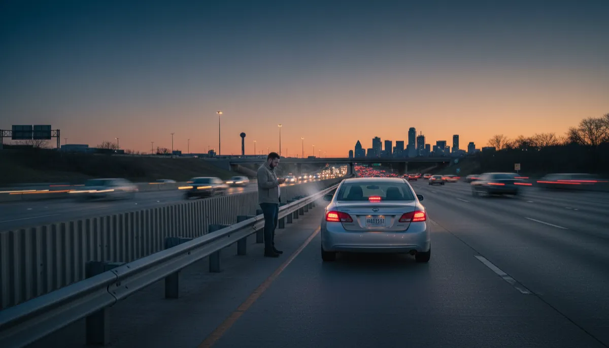 photorealistic scene of a stranded driver on a DFW highway shoulder at dusk, car with hazard lights on, driver standing safely behind guardrail looking at their phone, neutral color palette, cinematic lighting