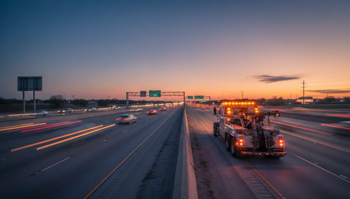 photorealistic wide shot of a tow truck with flashing amber lights parked on the shoulder of a busy Texas highway at dusk, cars in the nearest lane merging left away from the truck, neutral color palette, cinematic highway lighting