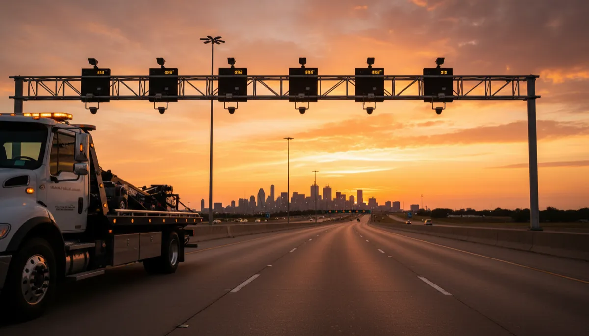 photorealistic professional flatbed tow truck with amber emergency lights flashing, parked on the shoulder of a modern Texas toll road at dusk, electronic toll gantries overhead and distant DFW skyline under a warm golden-hour sky