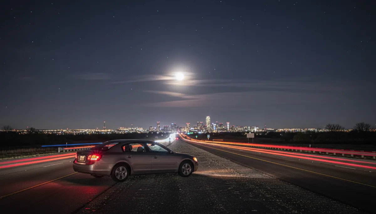 photorealistic scene of a lone sedan stopped on a Texas highway shoulder at night, hazard lights flashing, neutral color palette, distant Dallas–Fort Worth city lights glowing on the horizon, light traffic streaking by with blurred headlights, calm but dramatic nighttime atmosphere