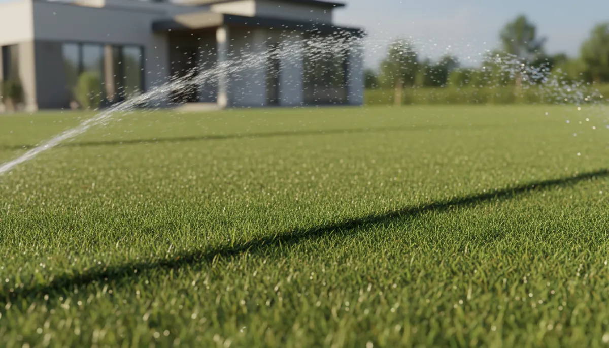Close-up of new sod being watered evenly by a sprinkler Close-up of new sod being watered evenly by a sprinkler