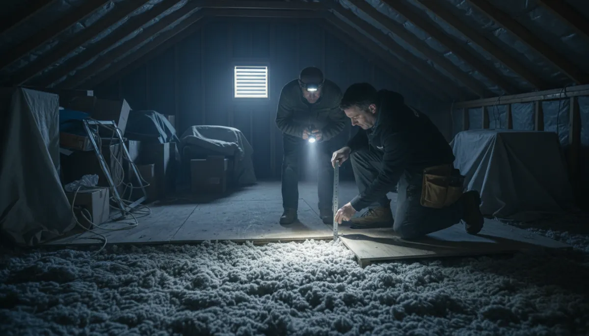 Homeowner and professional checking cellulose insulation depth in an attic