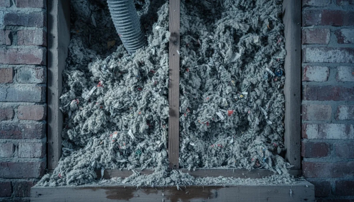 Dense-packed cellulose insulation filling a wall cavity