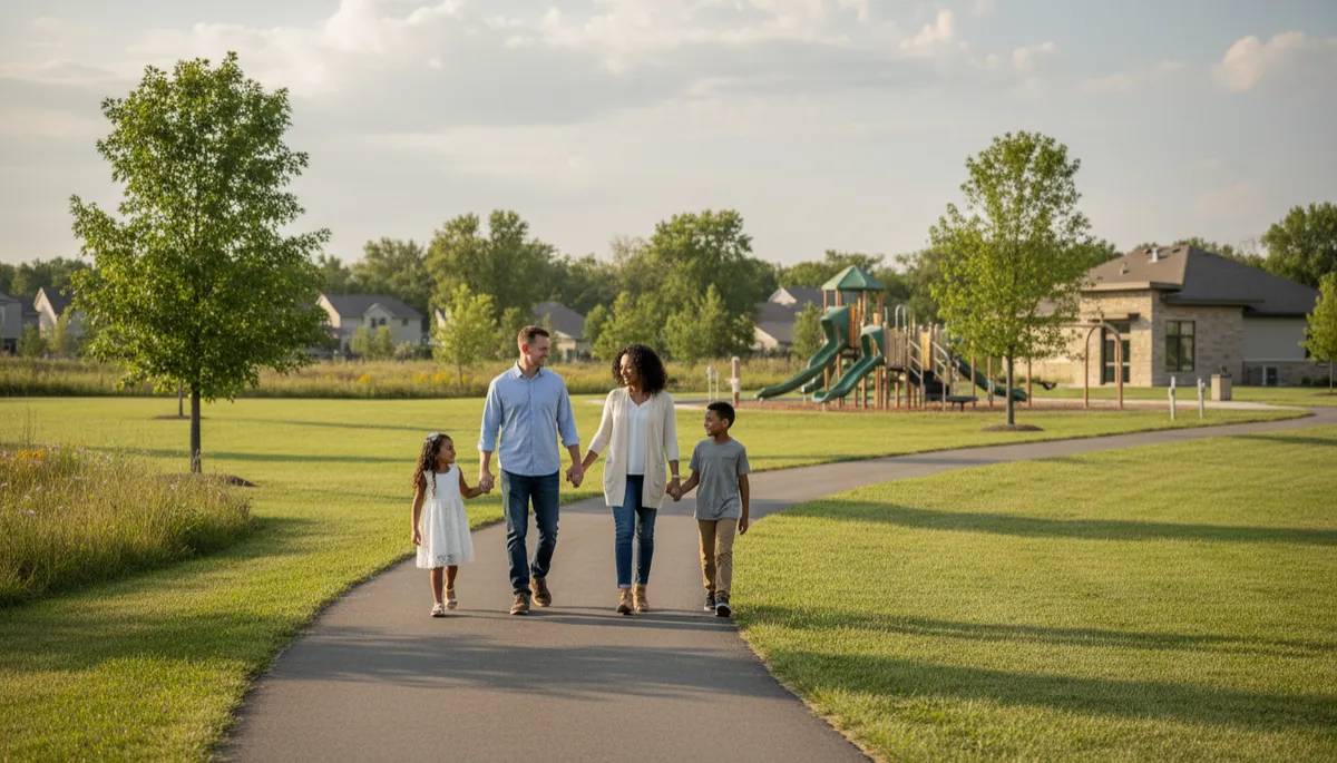Family walking along a trail in a New Lenox community park