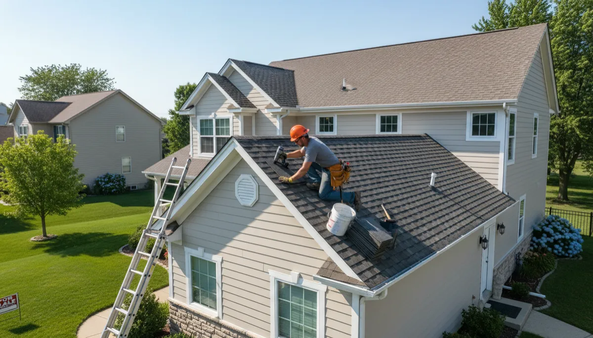 A photorealistic, high-resolution image of a roofing contractor actively repairing the roof of a well-maintained, typical suburban home in New Lenox, IL. The scene is set on a clear day with natural lighting. The contractor, dressed in appropriate safety gear, is using authentic roofing tools and materials such as shingles, nails, and a ladder. In the background, manicured lawns and neighboring houses typical of a Midwest suburban neighborhood are visible, reinforcing the local context. The image conveys professionalism, realism, and a sense of homeowners preparing their property for sale.