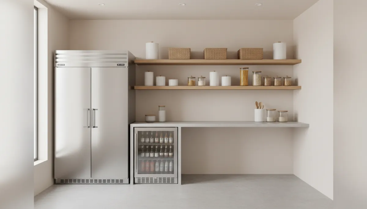 Home utility room with commercial reach-in fridge and beverage cooler